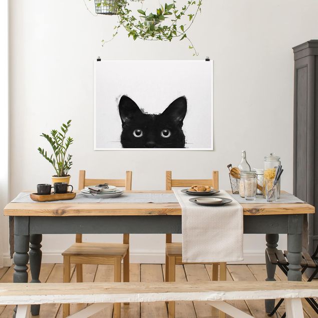 Posters Illustration Black Cat On White Painting