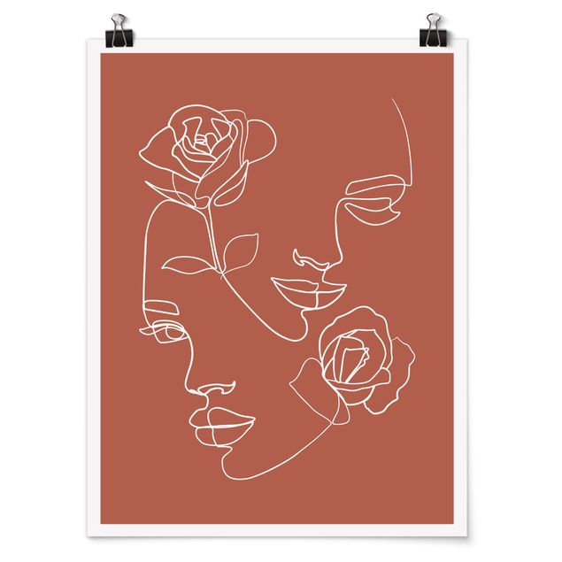 Posters Line Art Faces Women Roses Copper