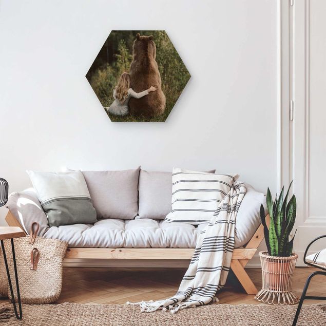 Hexagons houten schilderijen Girl With Brown Bear