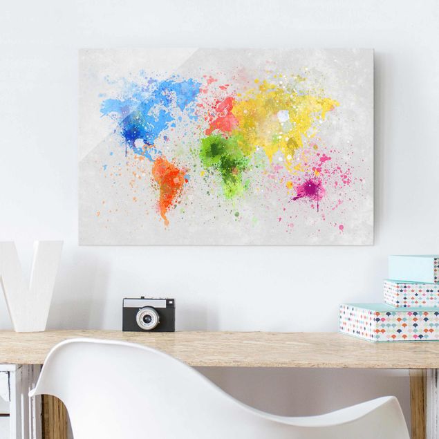 Glas Magnetboard Colourful Splodges World Map