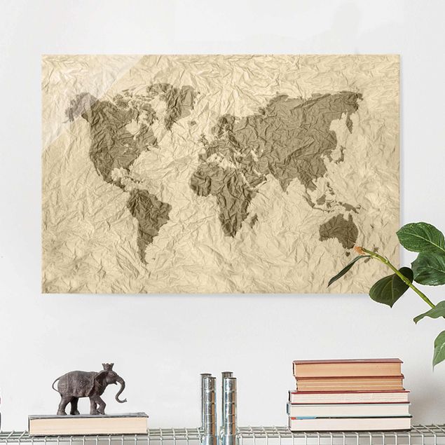 Glas Magnetboard Paper World Map Beige Brown
