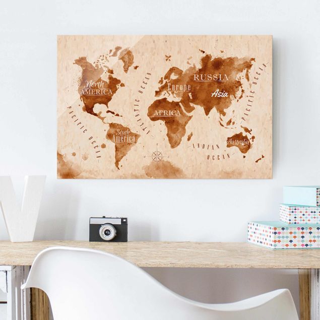 Glas Magnetboard World Map Watercolour Beige Brown