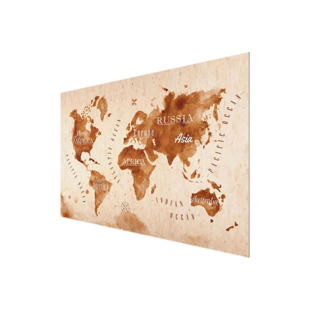 Glasschilderijen World Map Watercolour Beige Brown