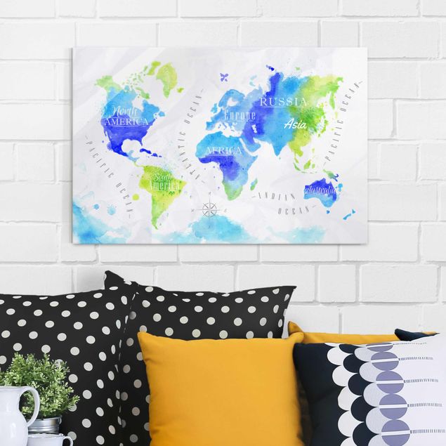 Magnettafel Glas World Map Watercolour Blue Green