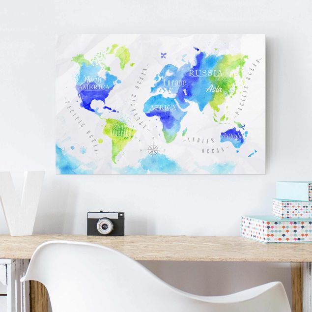 Glasschilderijen World Map Watercolour Blue Green