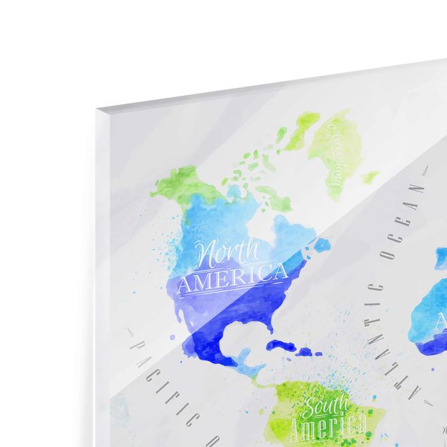 Glasschilderijen World Map Watercolour Blue Green