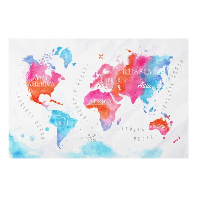 Glasschilderijen World Map Watercolour Red Blue
