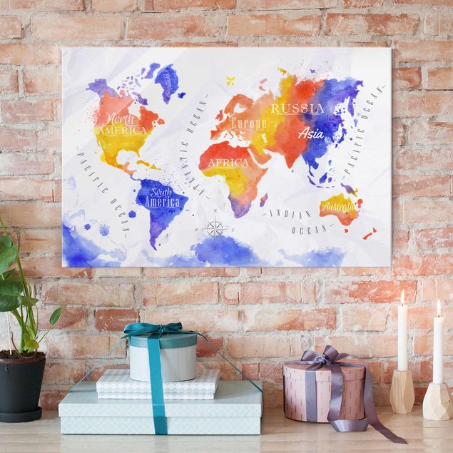 Glas Magnetboard World Map Watercolour Purple Red Yellow