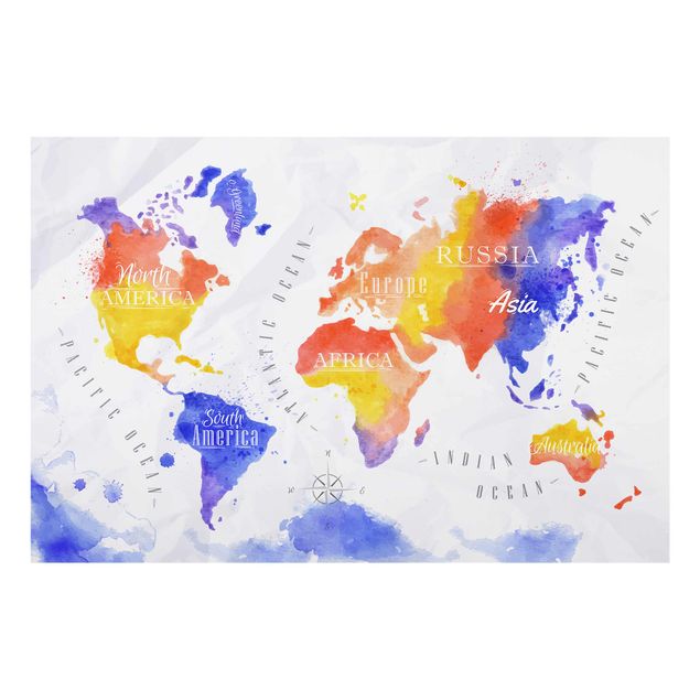 Glasschilderijen World Map Watercolour Purple Red Yellow