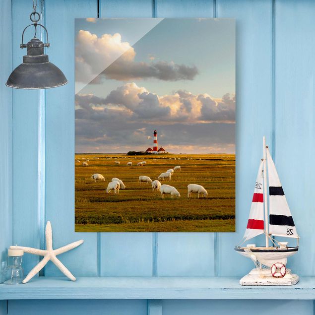Glas Magnetboard North Sea Lighthouse With Flock Of Sheep
