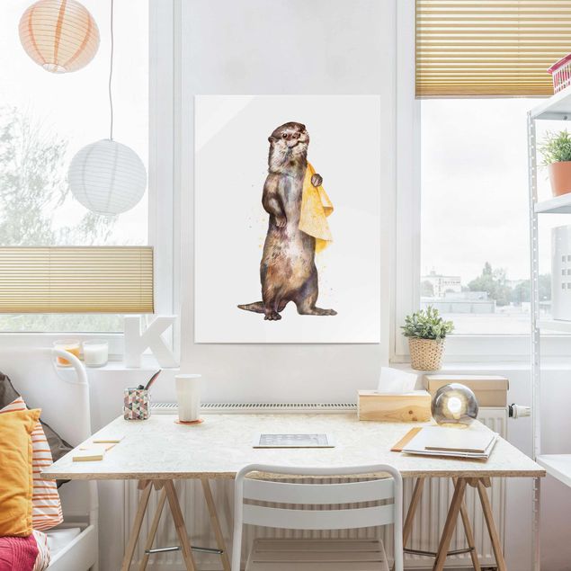 Glasschilderijen Illustration Otter With Towel Painting White