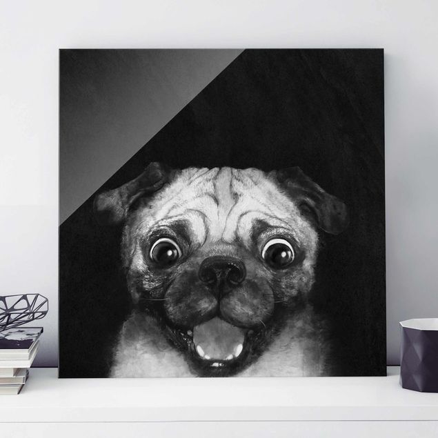 Glasschilderijen Illustration Dog Pug Painting On Black And White