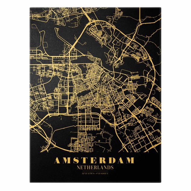 Canvas schilderijen - Goud Amsterdam City Map - Classic Black