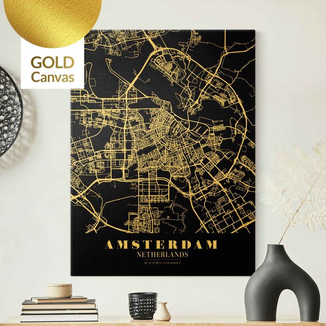 Canvas schilderijen - Goud Amsterdam City Map - Classic Black