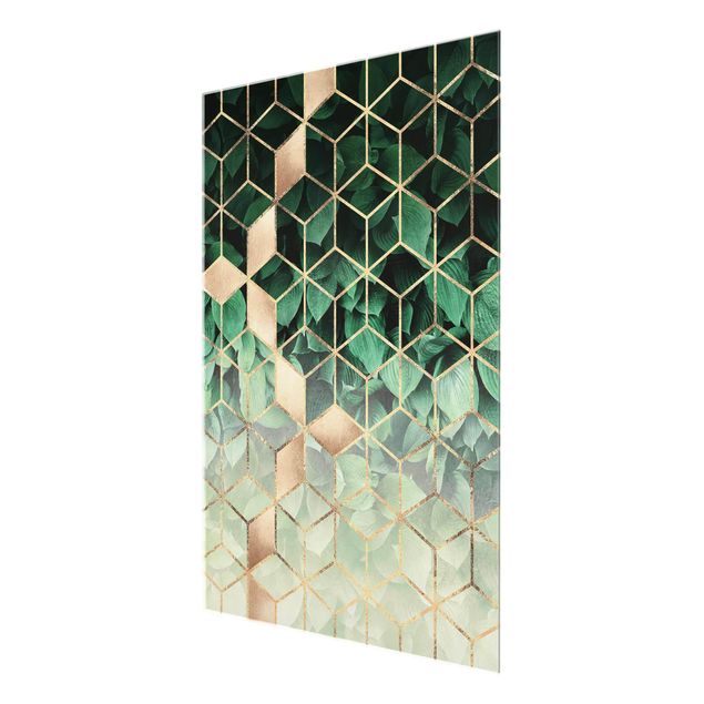 Glasschilderijen Green Leaves Golden Geometry