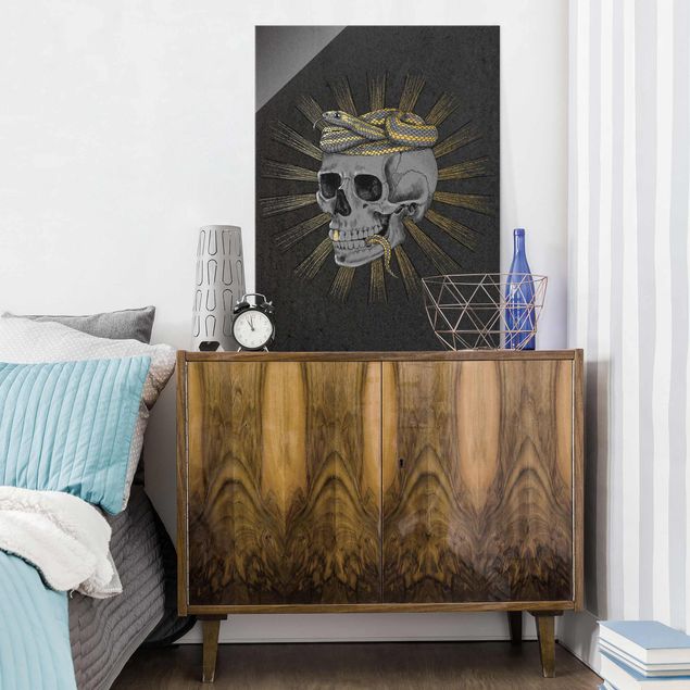 Glasschilderijen Illustration Skull And Snake Black Gold