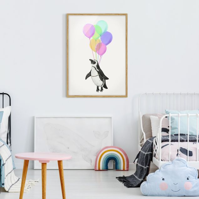 Ingelijste posters Illustration Penguin Pastel Balloons