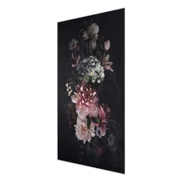 Glasschilderijen Flowers With Fog On Black