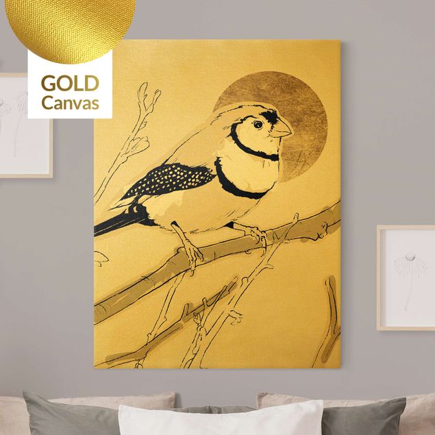 Canvas schilderijen - Goud Golden Sun Behind Bird III