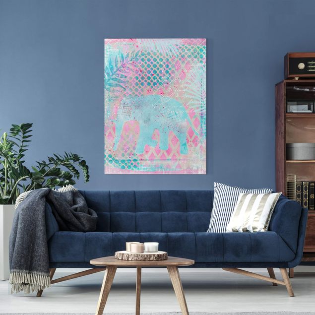 Canvas schilderijen Colourful Collage - Elephant In Blue And Pink