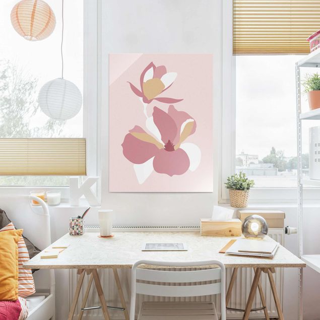 Glasschilderijen Line Art Flowers Pastel Pink
