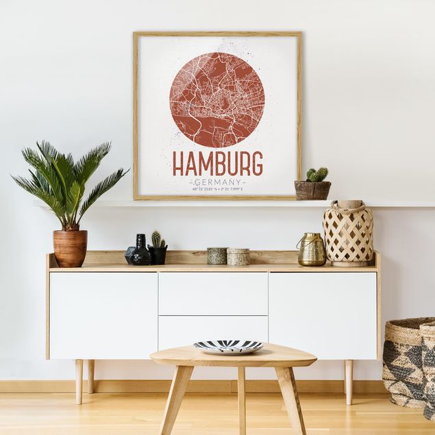 Ingelijste posters Hamburg City Map - Retro