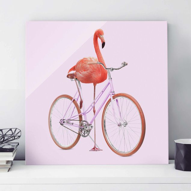 Glas Magnetboard Flamingo With Bicycle