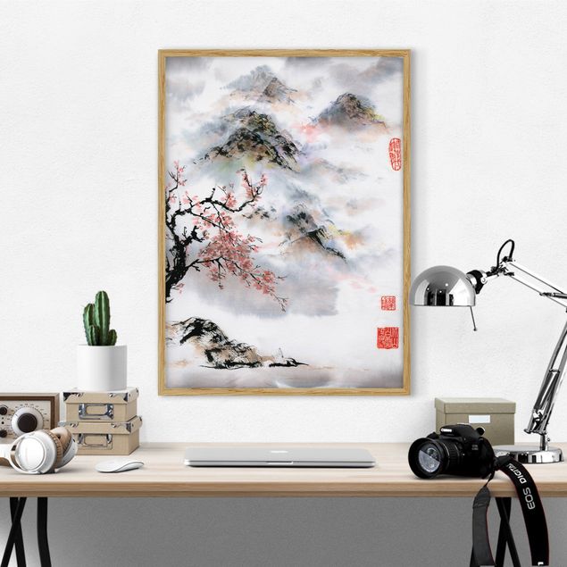 Ingelijste posters Japanese Watercolour Drawing Cherry Tree And Mountains