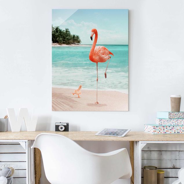 Glas Magnettafel Beach With Flamingo