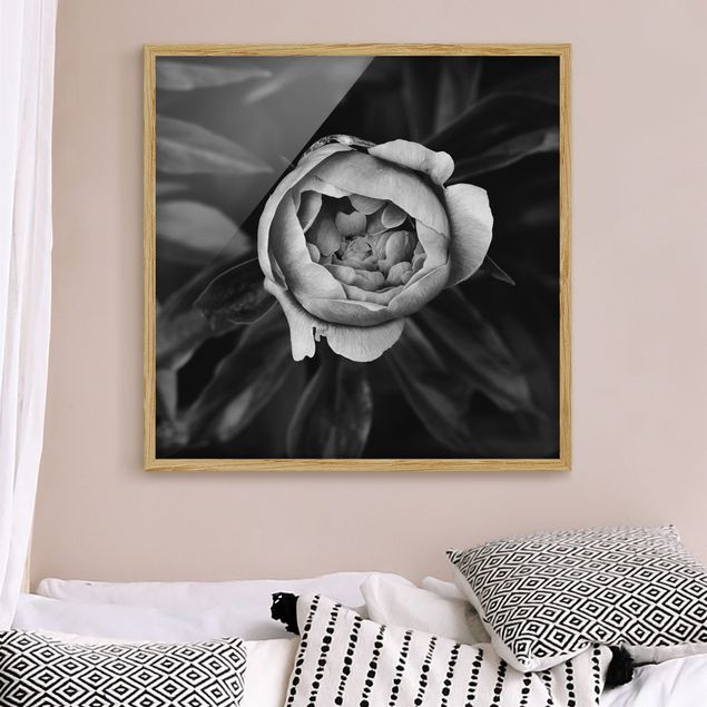 Ingelijste posters Peonies In Front Of Leaves Black And White