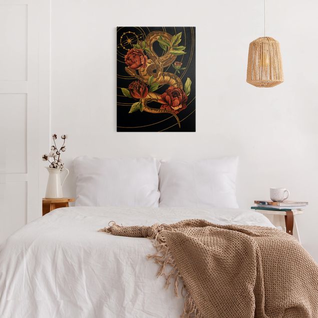Canvas schilderijen - Goud Snake With Roses Black And Gold IV