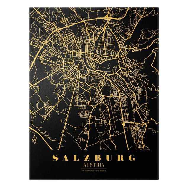 Canvas schilderijen - Goud Salzburg City Map - Classic Black