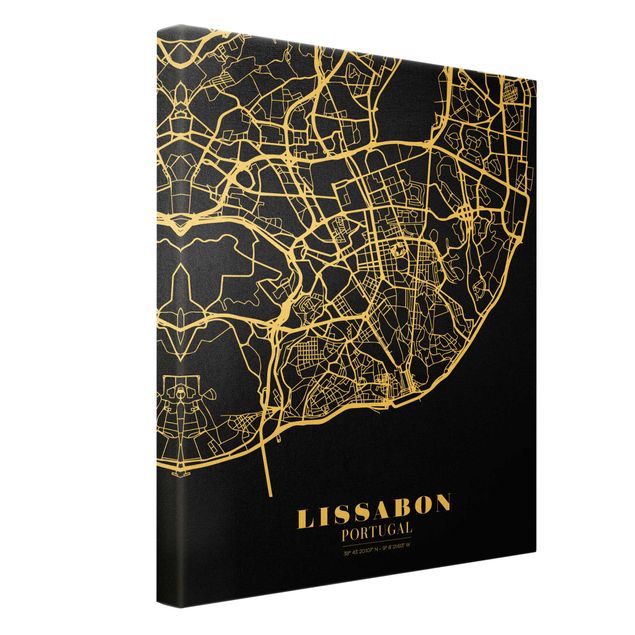 Canvas schilderijen - Goud Lisbon City Map - Classic Black
