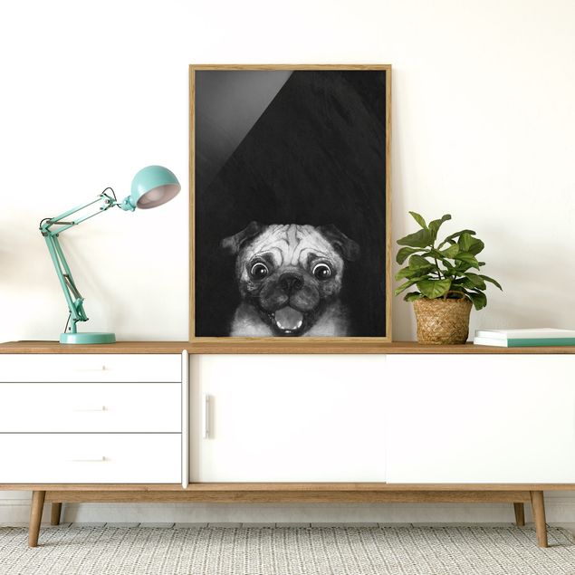 Ingelijste posters Illustration Dog Pug Painting On Black And White