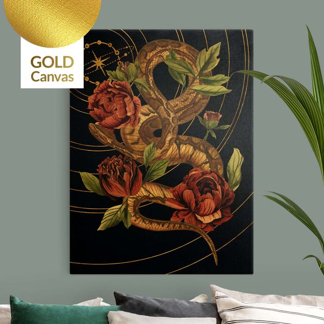 Canvas schilderijen - Goud Snake With Roses Black And Gold IV