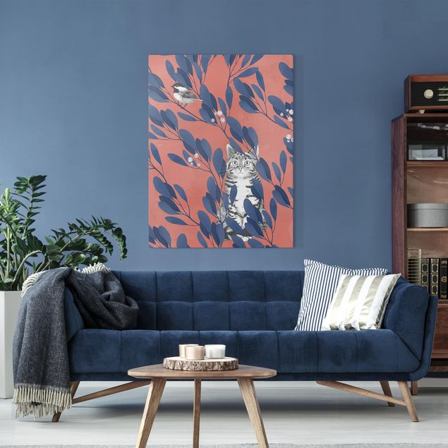 Canvas schilderijen Illustration Cat And Bird On Branch Blue Red