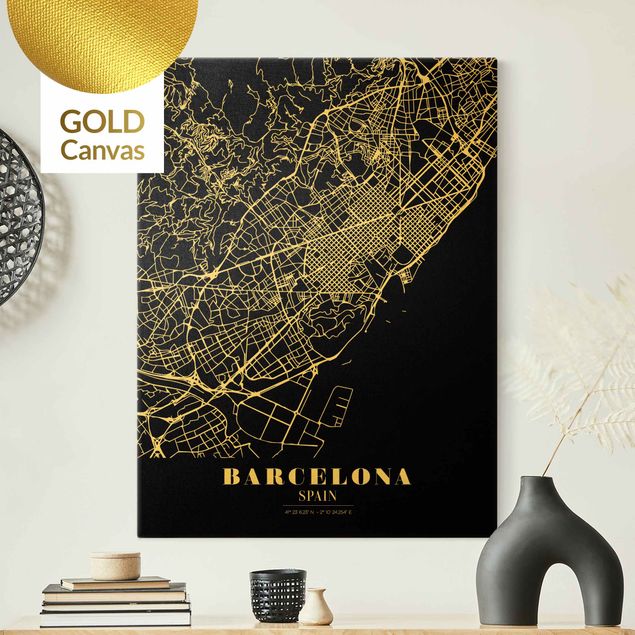 Canvas schilderijen - Goud Barcelona City Map - Classic Black