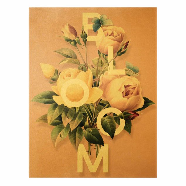 Canvas schilderijen - Goud Florale Typography - Bloom