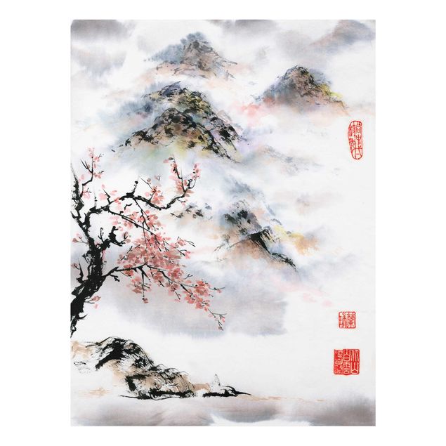 Glasschilderijen Japanese Watercolour Drawing Cherry Tree And Mountains