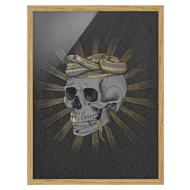 Ingelijste posters Illustration Skull And Snake Black Gold