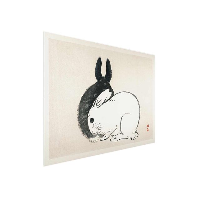 Glasschilderijen Asian Vintage Drawing Two Bunnies