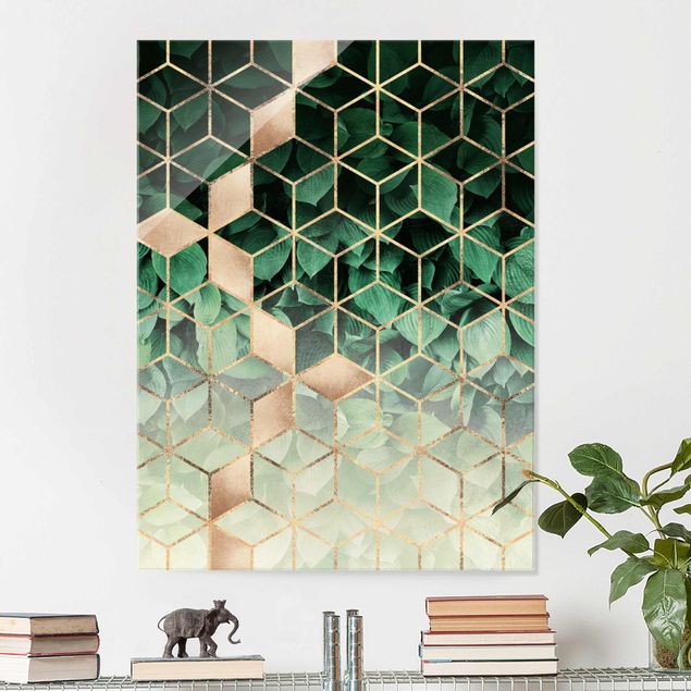 Glasschilderijen Green Leaves Golden Geometry
