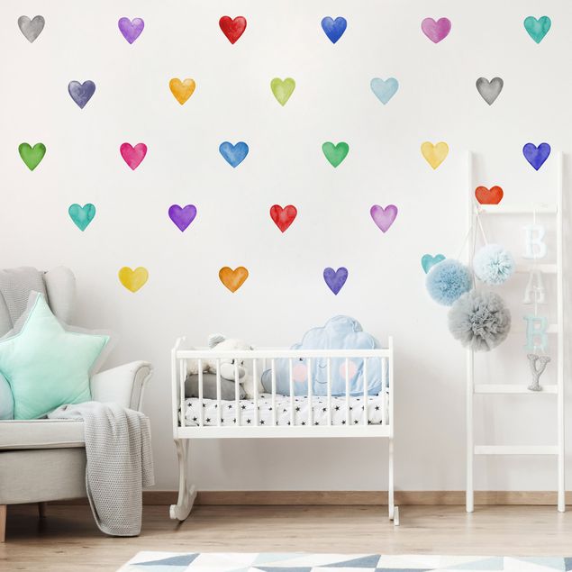 Muurstickers 35 Watercolour Hearts Different Colours