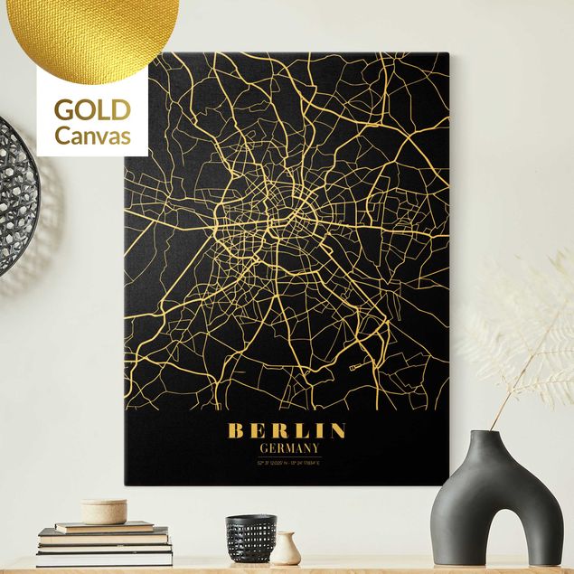 Canvas schilderijen - Goud Berlin City Map - Classic Black