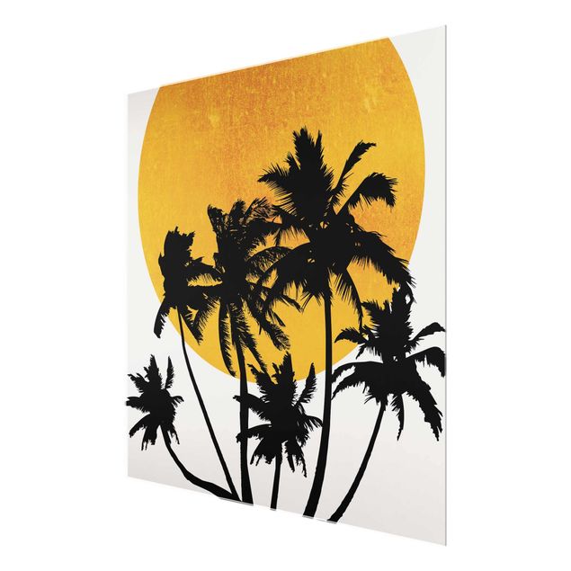 Glasschilderijen Palm Trees In Front Of Golden Sun