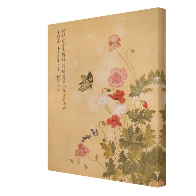 Canvas schilderijen Yuanyu Ma - Poppy Flower And Butterfly