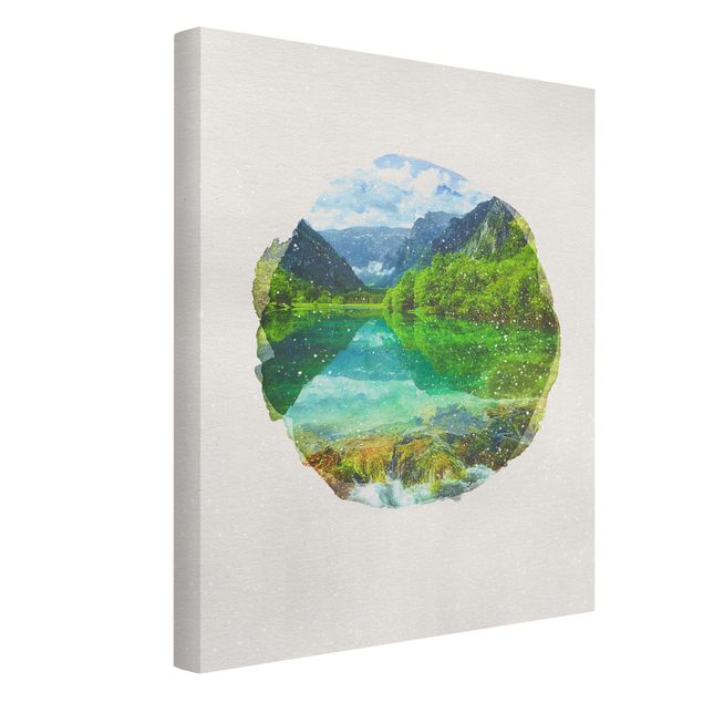 Canvas schilderijen WaterColours - Mountain Lake With Mirroring