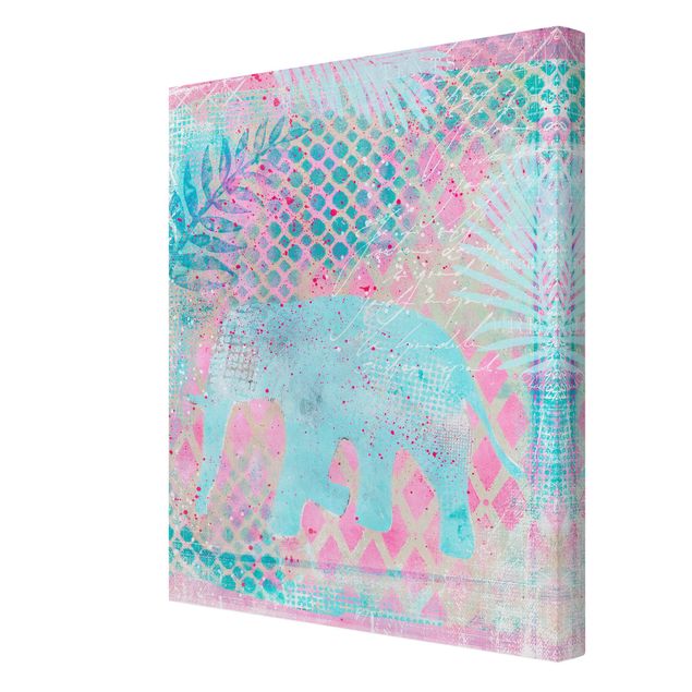 Canvas schilderijen Colourful Collage - Elephant In Blue And Pink