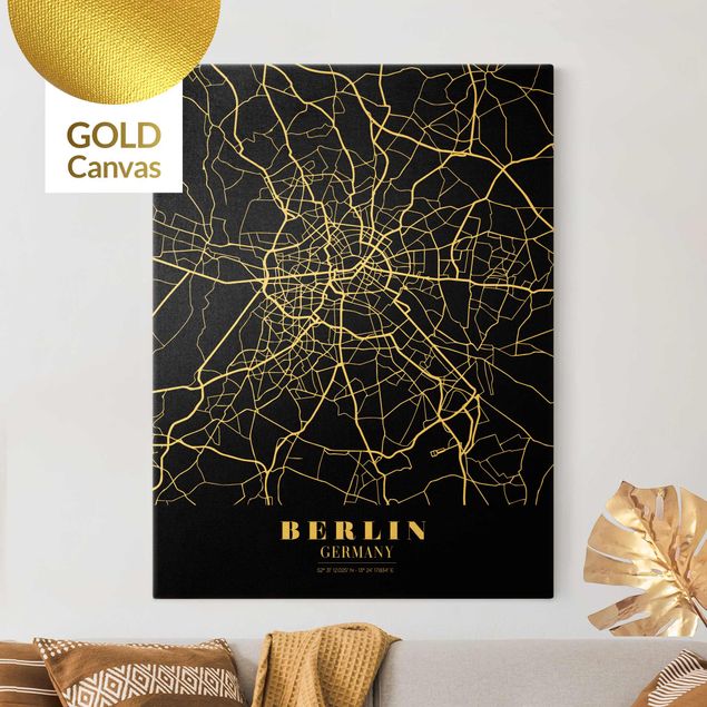 Canvas schilderijen - Goud Berlin City Map - Classic Black