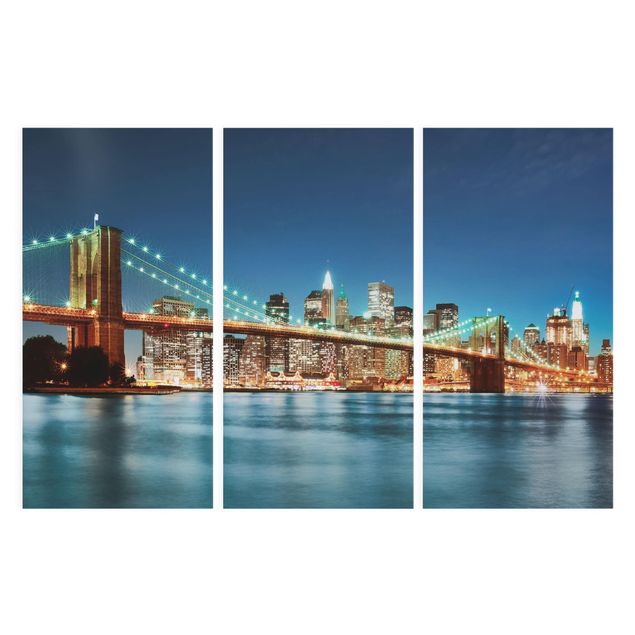 Canvas schilderijen - 3-delig Nighttime Manhattan Bridge